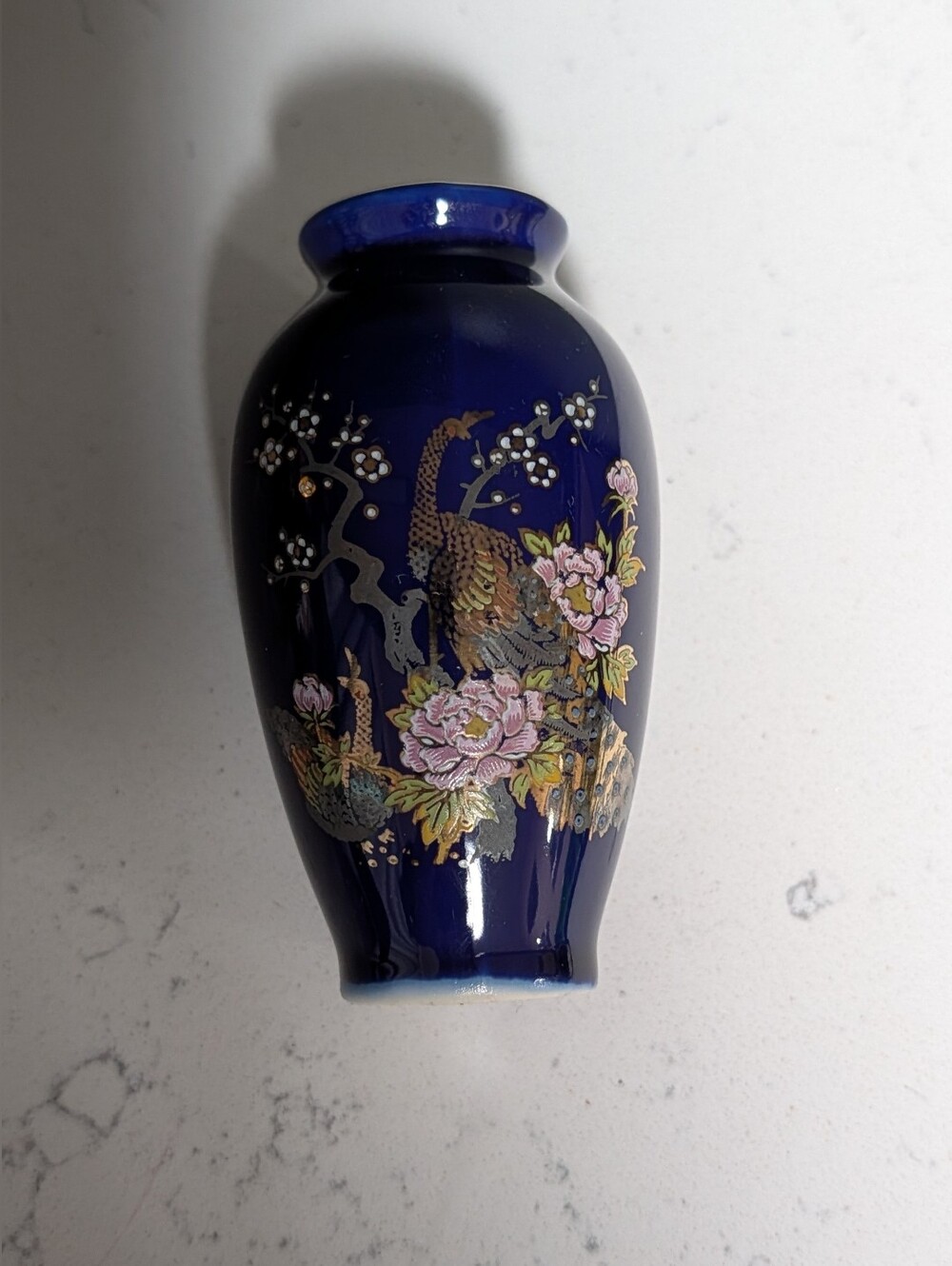 Vintage Cobalt Blue Vase - Golden Trim, Japan, Peacock & Flowers